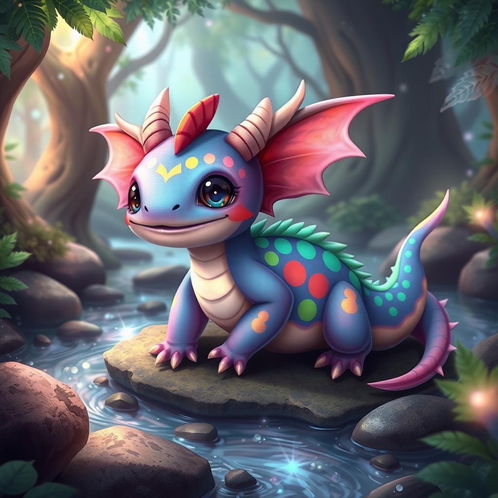 A cute dragon-axolotl hybrid character, featuring vibrant, colorful scales resembling a dragon's wings, while maintaining the adorable features and innocent eyes of an axolotl