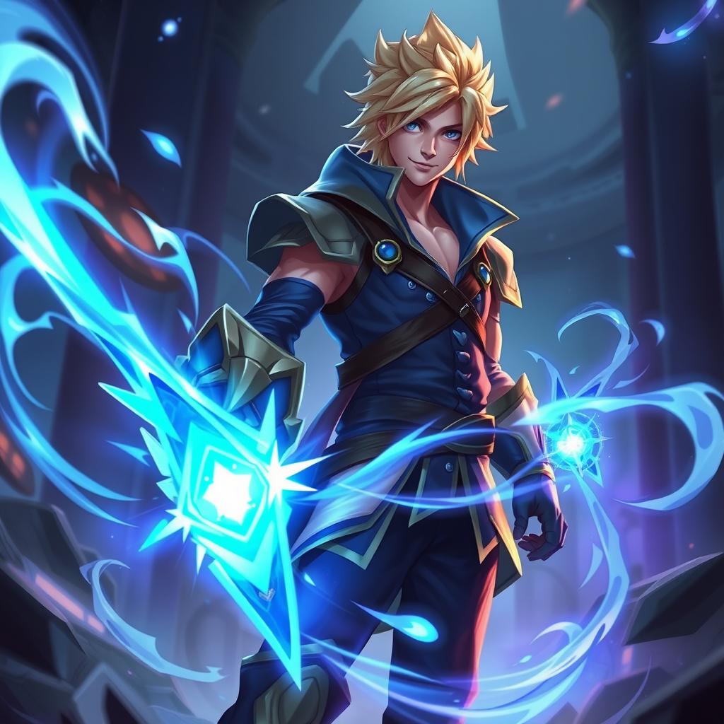 Ezreal from League of Legends in action, showcasing his mystical explorer attire, with his characteristic sleek blonde hair and his signature magical gauntlet glowing blue with energy