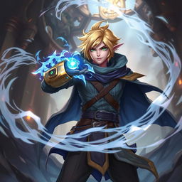 Ezreal from League of Legends in action, showcasing his mystical explorer attire, with his characteristic sleek blonde hair and his signature magical gauntlet glowing blue with energy