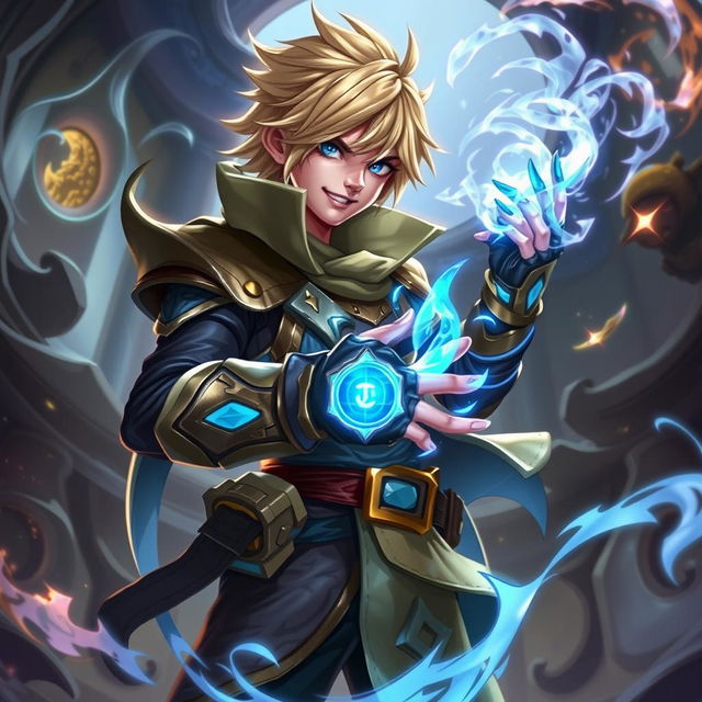 Ezreal from League of Legends in action, showcasing his mystical explorer attire, with his characteristic sleek blonde hair and his signature magical gauntlet glowing blue with energy