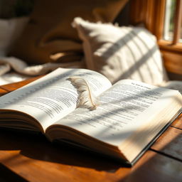 An open book with pages gently fluttering in the breeze, resting on a wooden table