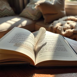 An open book with pages gently fluttering in the breeze, resting on a wooden table