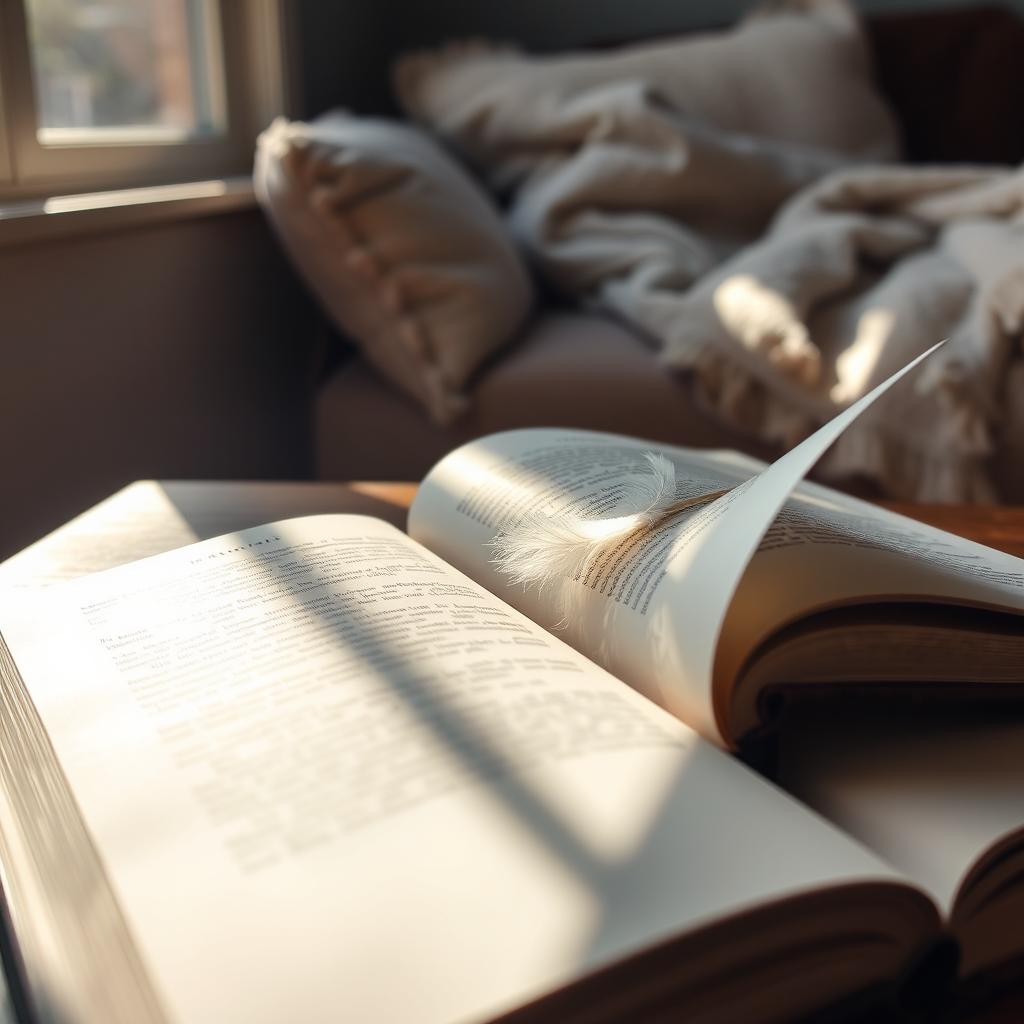 An open book with pages gently fluttering in the breeze, resting on a wooden table