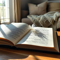 An open book with pages gently fluttering in the breeze, resting on a wooden table