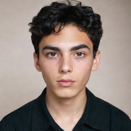 A slim, fair-skinned boy with big almond-shaped eyes, wavy black hair, thick eyebrows, freckles on his face, thick lips, and wearing a black blouse.