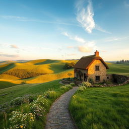 An English countryside landscape at dawn