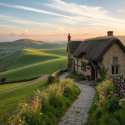 An English countryside landscape at dawn