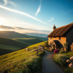 An English countryside landscape at dawn