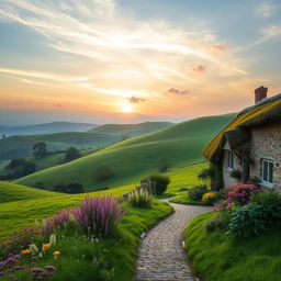 An English countryside landscape at dawn