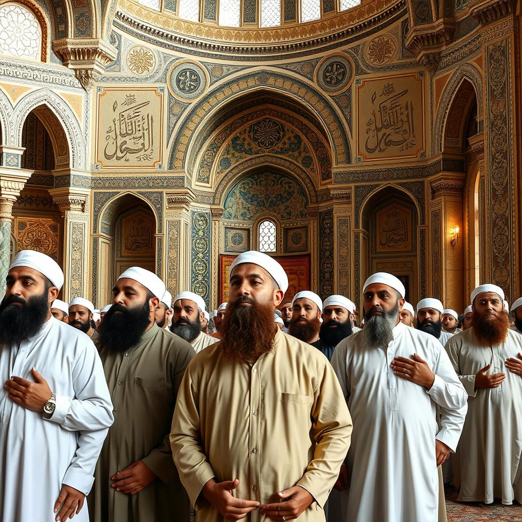 A group of bearded Muslim men in ancient clothing, performing a traditional Muslim prayer inside an old mosque