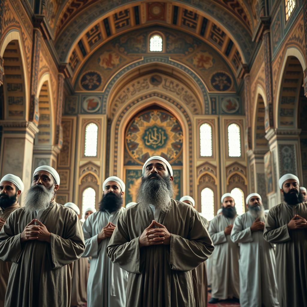 A group of bearded Muslim men in ancient clothing, performing a traditional Muslim prayer inside an old mosque