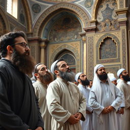 A group of bearded Muslim men in ancient clothing, performing a traditional Muslim prayer inside an old mosque