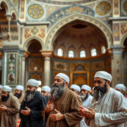 A group of bearded Muslim men in ancient clothing, performing a traditional Muslim prayer inside an old mosque