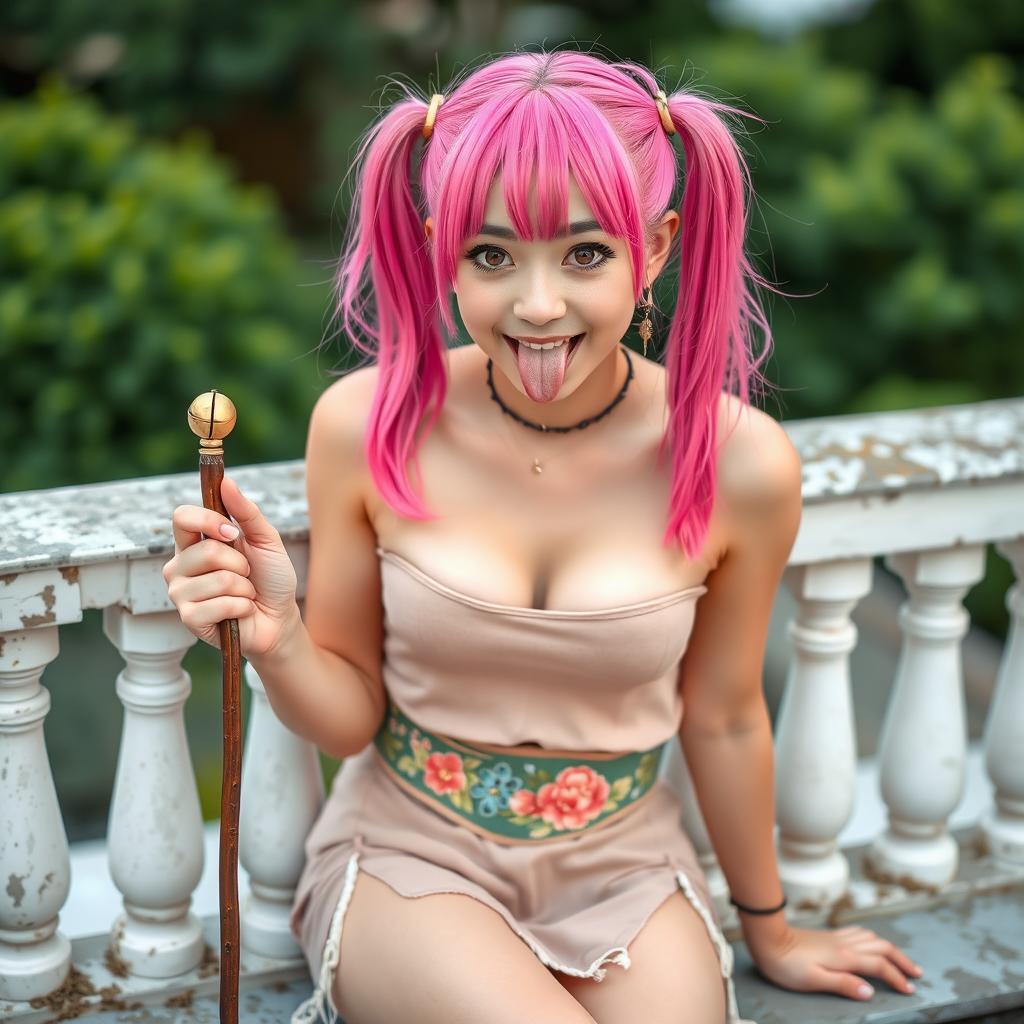 Young woman with pink pigtails sitting on a terrace, wearing a mischievous and teasing expression, sticking out her tongue with playful brown eyes