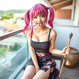 Young woman with pink pigtails sitting on a terrace, wearing a mischievous and teasing expression, sticking out her tongue with playful brown eyes