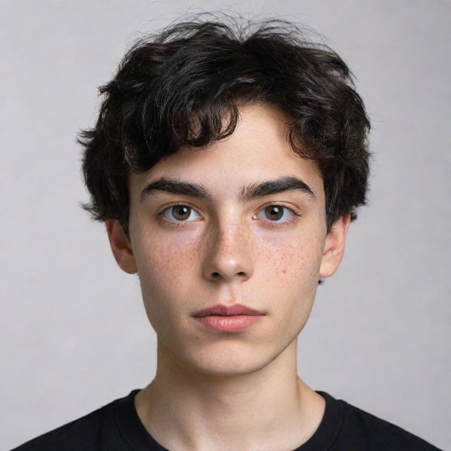 A slim, fair-skinned boy with big almond-shaped eyes, wavy black hair, thick eyebrows, freckles on his face, thick lips, and wearing a black blouse.