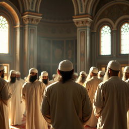 A group of bearded Muslim men wearing traditional ancient clothing, performing an Islamic prayer in an old mosque