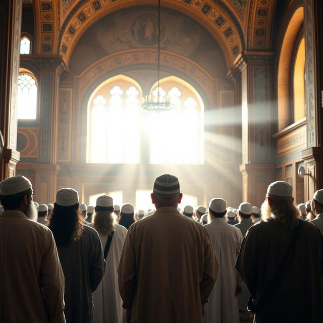 A group of bearded Muslim men wearing traditional ancient clothing, performing an Islamic prayer in an old mosque