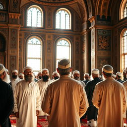 A group of bearded Muslim men wearing traditional ancient clothing, performing an Islamic prayer in an old mosque