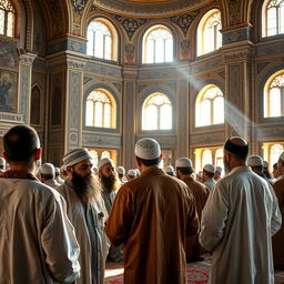 A group of bearded Muslim men wearing traditional ancient clothing, performing an Islamic prayer in an old mosque