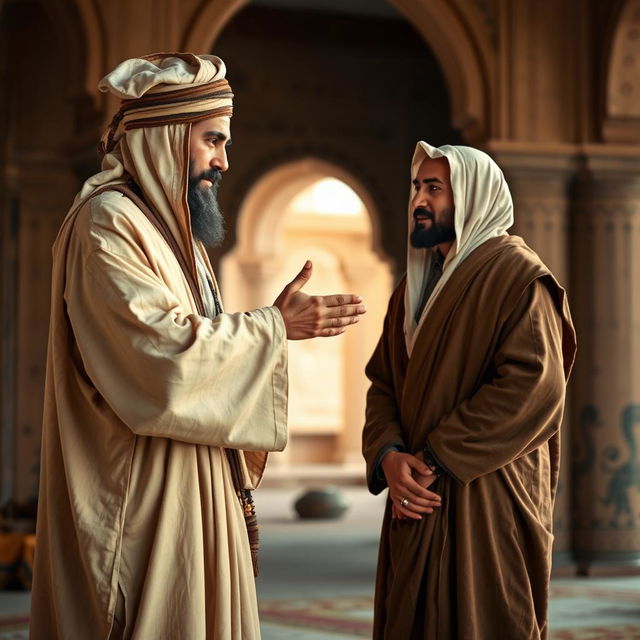 A Muslim man in traditional ancient attire, with a flowing robe and distinct headwear, extending his hand in forgiveness to his brother