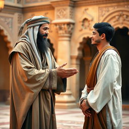 A Muslim man in traditional ancient attire, with a flowing robe and distinct headwear, extending his hand in forgiveness to his brother