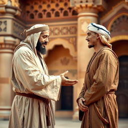 A Muslim man in traditional ancient attire, with a flowing robe and distinct headwear, extending his hand in forgiveness to his brother