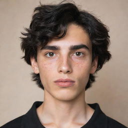 A slim, fair-skinned boy with big almond-shaped eyes, wavy black hair, thick eyebrows, freckles on his face, thick lips, and wearing a black blouse.