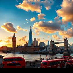 A stunning panoramic view of London's iconic skyline, featuring the majestic Big Ben, the towering Shard, and the historic Tower Bridge