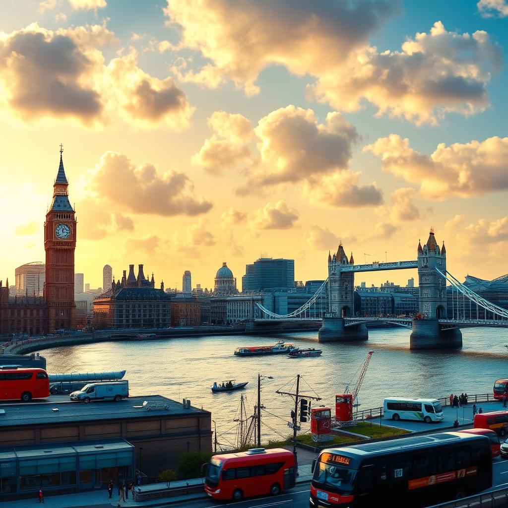 A stunning panoramic view of London's iconic skyline, featuring the majestic Big Ben, the towering Shard, and the historic Tower Bridge