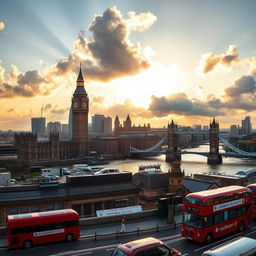 A stunning panoramic view of London's iconic skyline, featuring the majestic Big Ben, the towering Shard, and the historic Tower Bridge