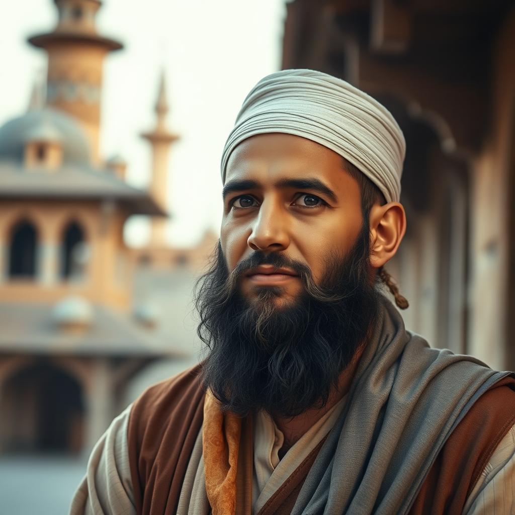 A bearded Muslim man wearing old-fashioned traditional clothing, exuding a serene and patient demeanor amidst a backdrop of subtle misfortunes