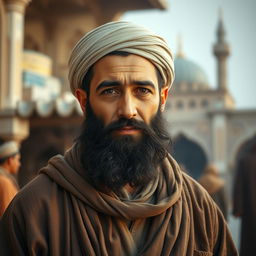 A bearded Muslim man wearing old-fashioned traditional clothing, exuding a serene and patient demeanor amidst a backdrop of subtle misfortunes