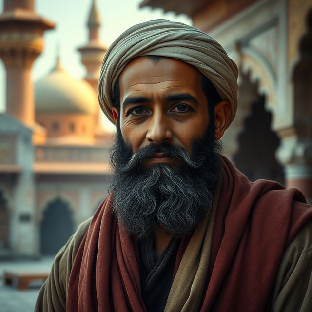 A bearded Muslim man wearing old-fashioned traditional clothing, exuding a serene and patient demeanor amidst a backdrop of subtle misfortunes