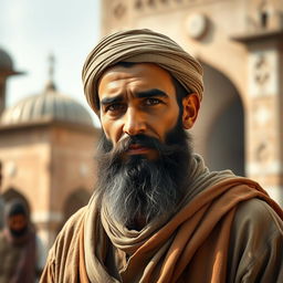 A bearded Muslim man wearing old-fashioned traditional clothing, exuding a serene and patient demeanor amidst a backdrop of subtle misfortunes