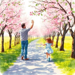 A man standing on a pathway lined with blossoming cherry trees is waving joyfully to his daughter in the distance