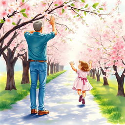 A man standing on a pathway lined with blossoming cherry trees is waving joyfully to his daughter in the distance