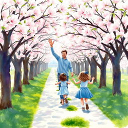 A man standing on a pathway lined with blossoming cherry trees is waving joyfully to his daughter in the distance