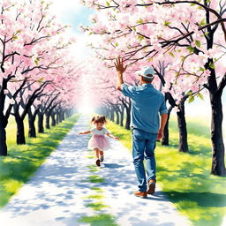 A man standing on a pathway lined with blossoming cherry trees is waving joyfully to his daughter in the distance