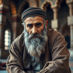 A bearded Muslim man wearing old-fashioned traditional clothing, sitting down with tears in his eyes, yet still exuding an aura of patience and resilience amidst subtle misfortunes