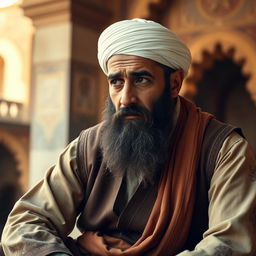 A bearded Muslim man wearing old-fashioned traditional clothing, sitting down with tears in his eyes, yet still exuding an aura of patience and resilience amidst subtle misfortunes