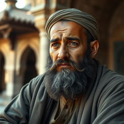 A bearded Muslim man wearing old-fashioned traditional clothing, sitting down with tears in his eyes, yet still exuding an aura of patience and resilience amidst subtle misfortunes