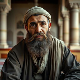 A bearded Muslim man wearing old-fashioned traditional clothing, sitting down with tears in his eyes, yet still exuding an aura of patience and resilience amidst subtle misfortunes