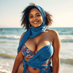 Curvy Muslim woman wearing a stylish bikini by the beach, confidently embracing the summer vibes