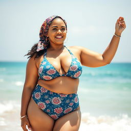 Curvy Muslim woman wearing a stylish bikini by the beach, confidently embracing the summer vibes