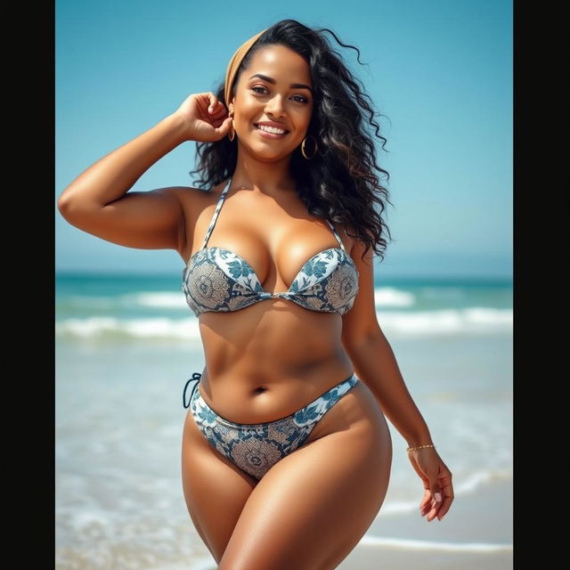 Curvy Muslim woman wearing a stylish bikini by the beach, confidently embracing the summer vibes