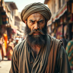 A bearded Muslim man with an expressive, intense gaze, wearing ancient traditional attire, standing in a vibrant historical marketplace