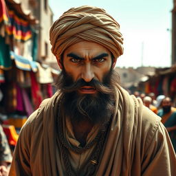 A bearded Muslim man with an expressive, intense gaze, wearing ancient traditional attire, standing in a vibrant historical marketplace