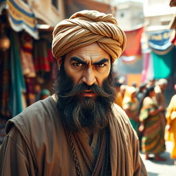 A bearded Muslim man with an expressive, intense gaze, wearing ancient traditional attire, standing in a vibrant historical marketplace