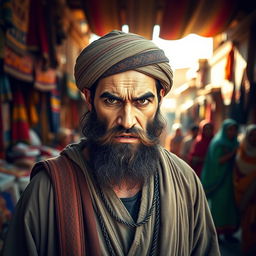 A bearded Muslim man with an expressive, intense gaze, wearing ancient traditional attire, standing in a vibrant historical marketplace